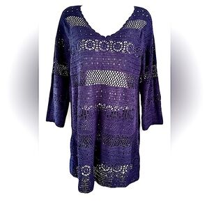 🩵CROCHETED COTTON V-NECK LONG SLEEVE MINI PULLOVER SWIM COVERUP NWOT🩵